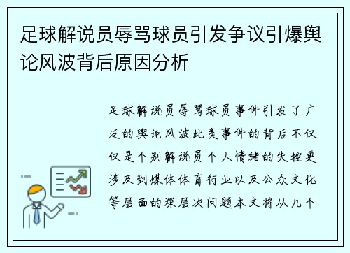 足球解说员辱骂球员引发争议引爆舆论风波背后原因分析